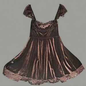 Cider Pleated Brown Velvety Dress XL Lace Trim EUC